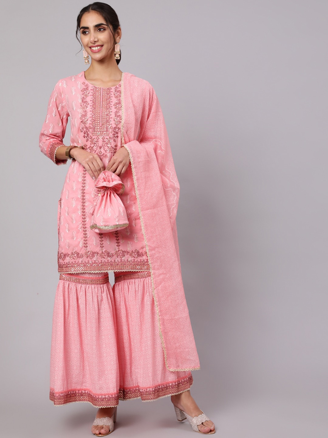 

Nehamta Women Ethnic Motifs Embroidered Sequinned Pure Cotton Kurta with Sharara & Dupatta, Pink