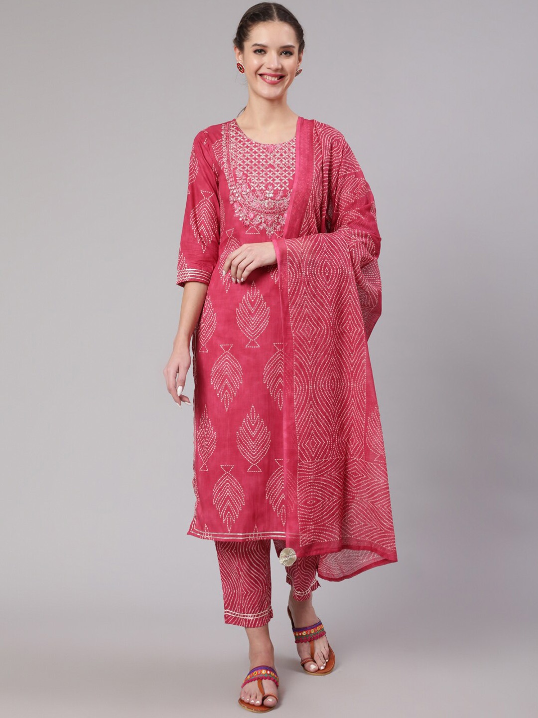 

Nehamta Bandhani Printed Mirror Work Pure Cotton Kurta with Trousers & With Dupatta, Pink