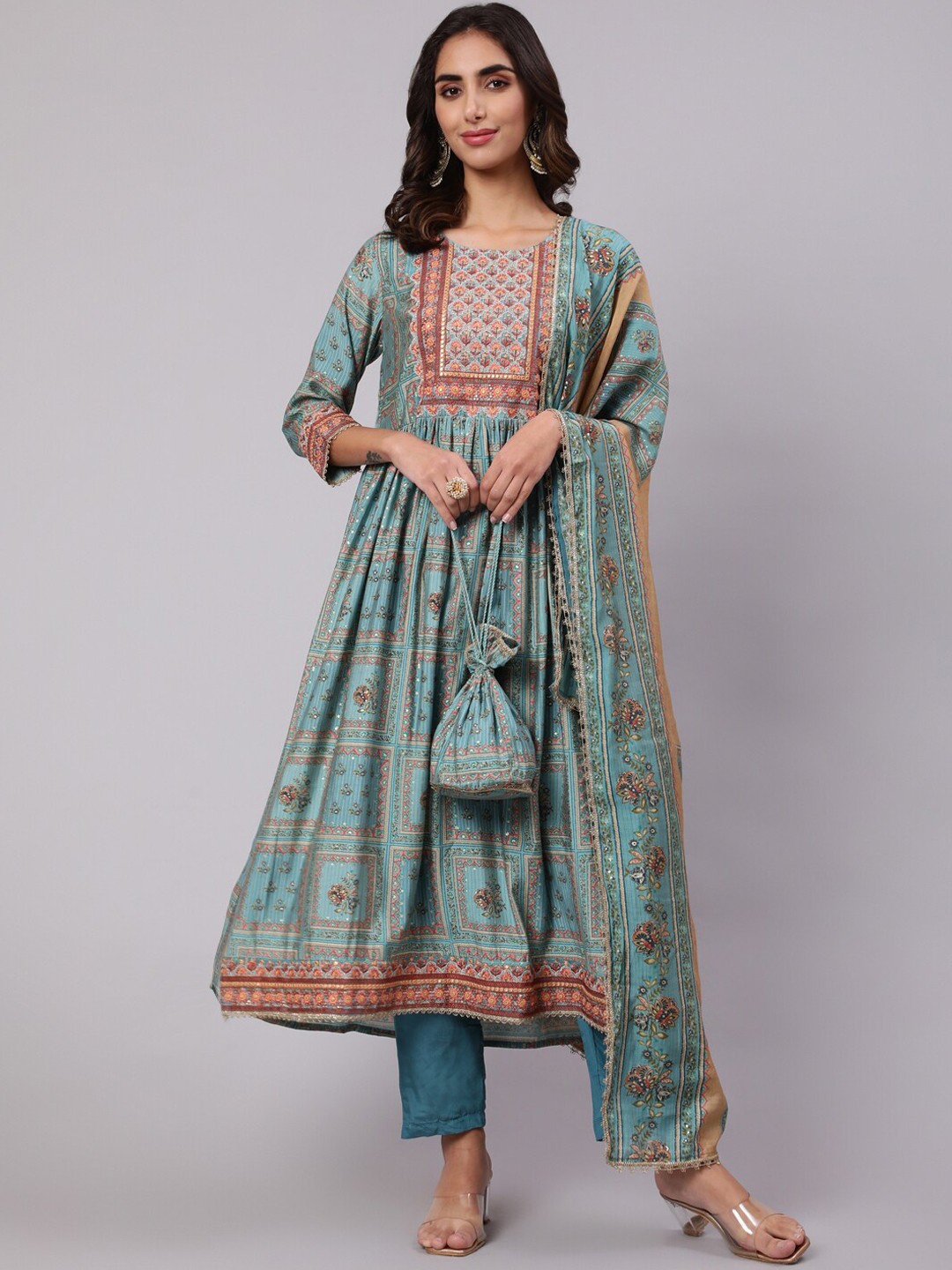 

Nehamta Ethnic Motifs Printed Mirror Work Cotton Kurta with Trousers & With Dupatta, Blue