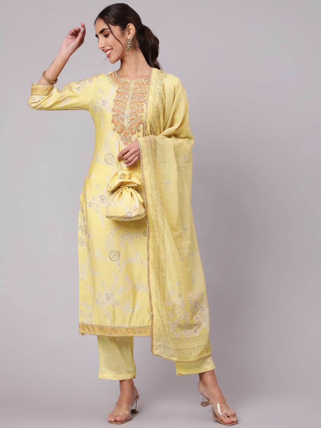

Nehamta Floral Printed Mirror Work Cotton Kurta with Trousers & With Dupatta, Yellow
