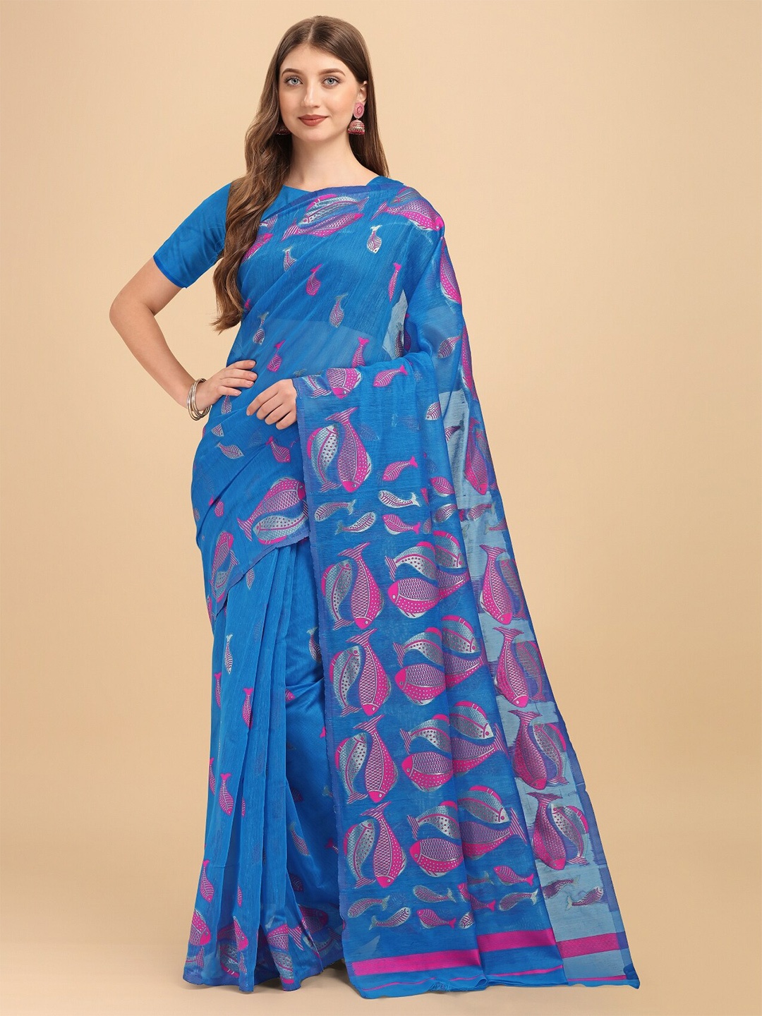 

TEREZA Ethnic Motifs Silk Cotton Jamdani Saree, Blue