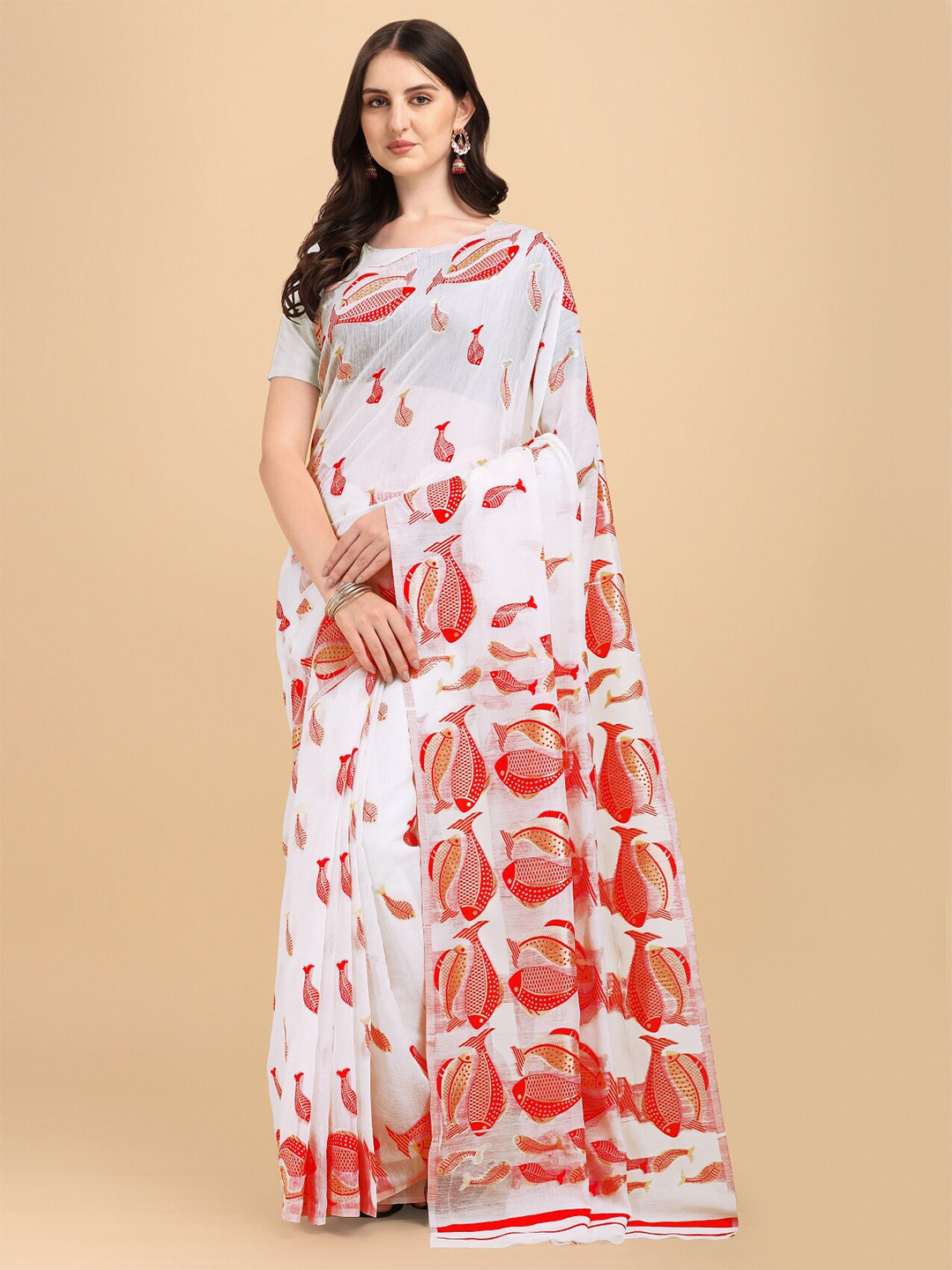 

TEREZA Ethnic Motifs Jamdani Saree, White