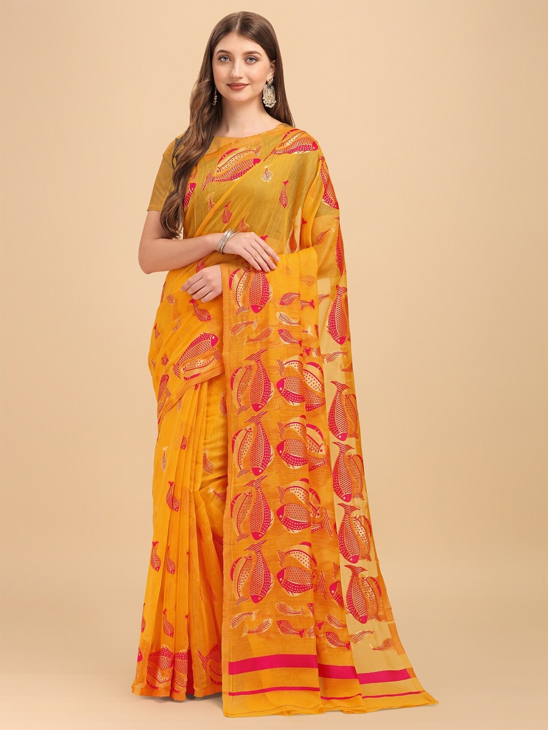 

TEREZA Ethnic Motifs Zari Jamdani Saree, Yellow