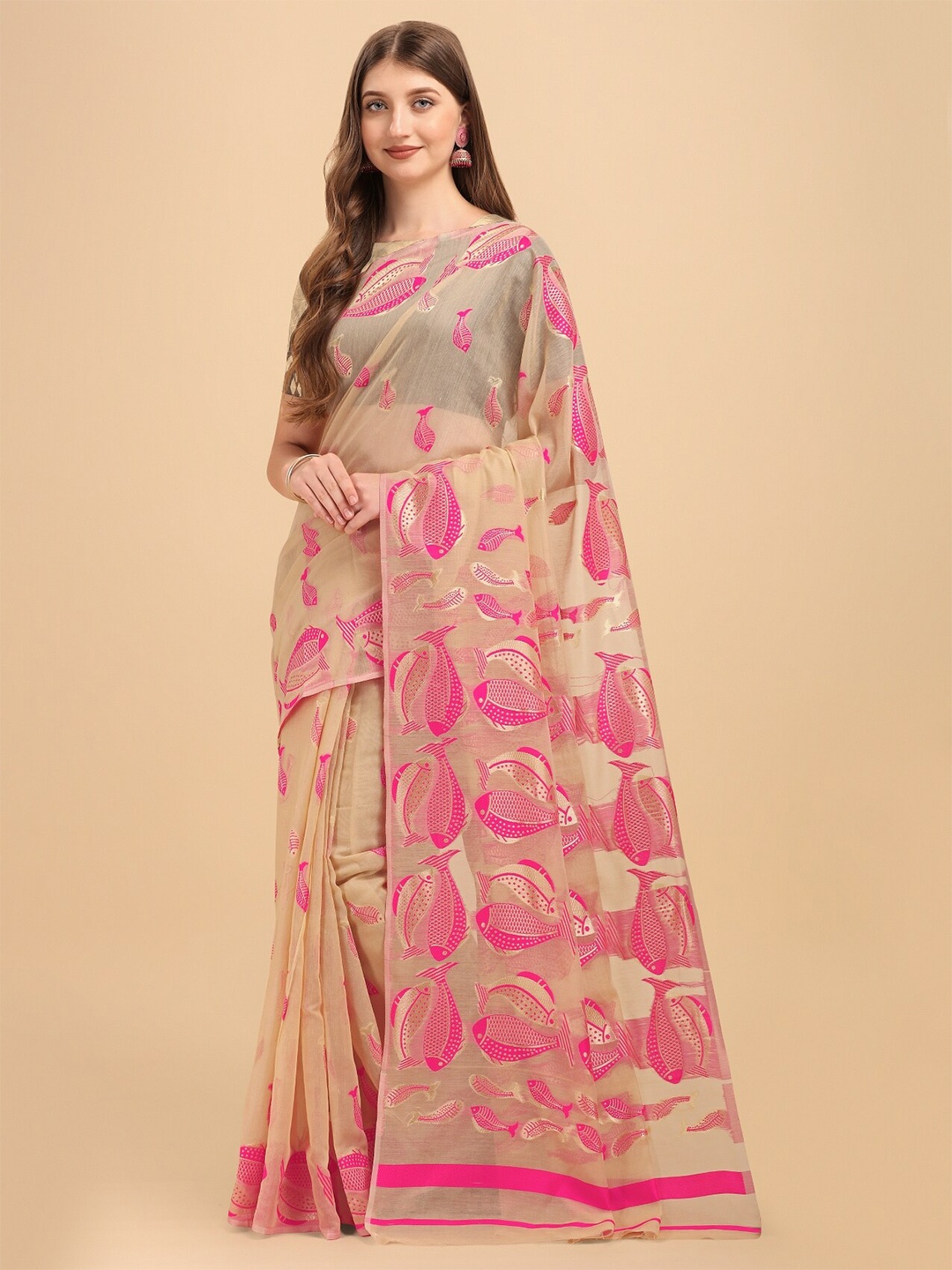 

TEREZA Ethnic Motifs Jamdani Saree, Cream
