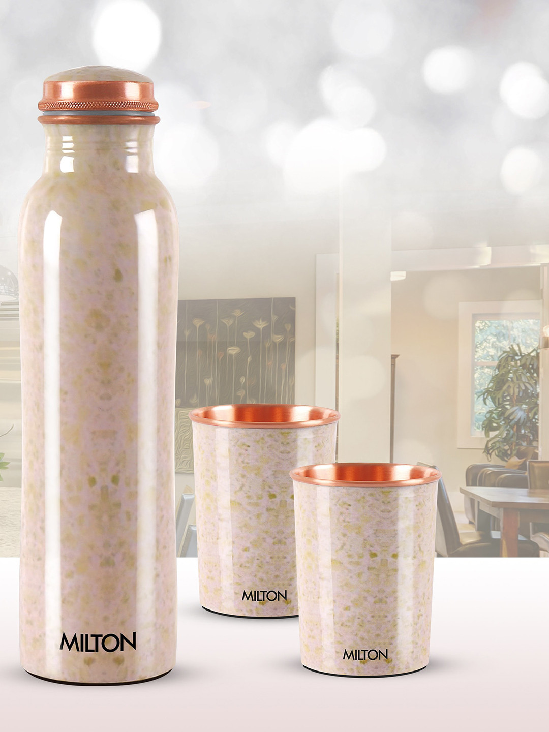 

Milton Flourish Copper Cream Printed Water Bottle 950 ml and 2 Tumbler 280 ml Each
