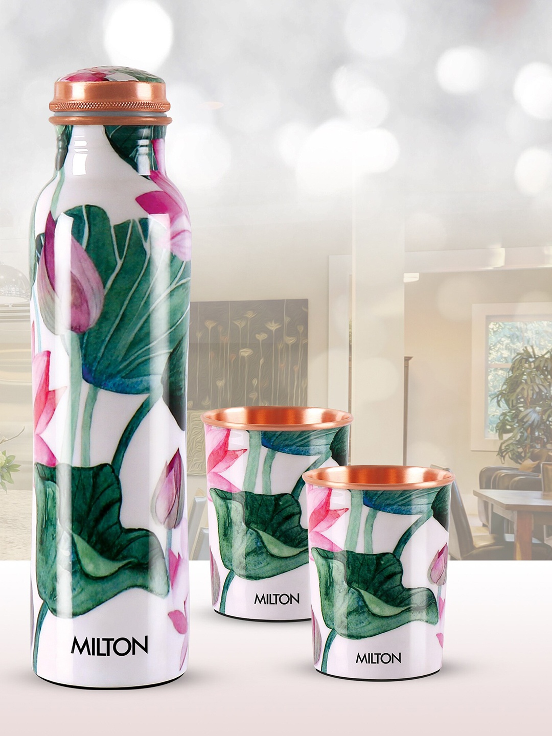 

Milton Lotus Flourish Copper Printed Water Bottle 950 ml and 2 Tumblers 280 ml Each, Pink