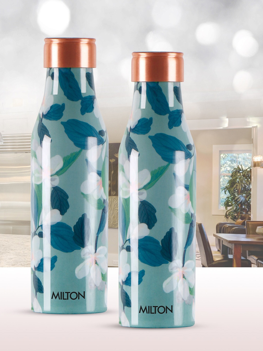 

Milton Floral Copper Set Of 2 Lily Printed Copper Water Bottles Gift Set 930 ml Each, Brown