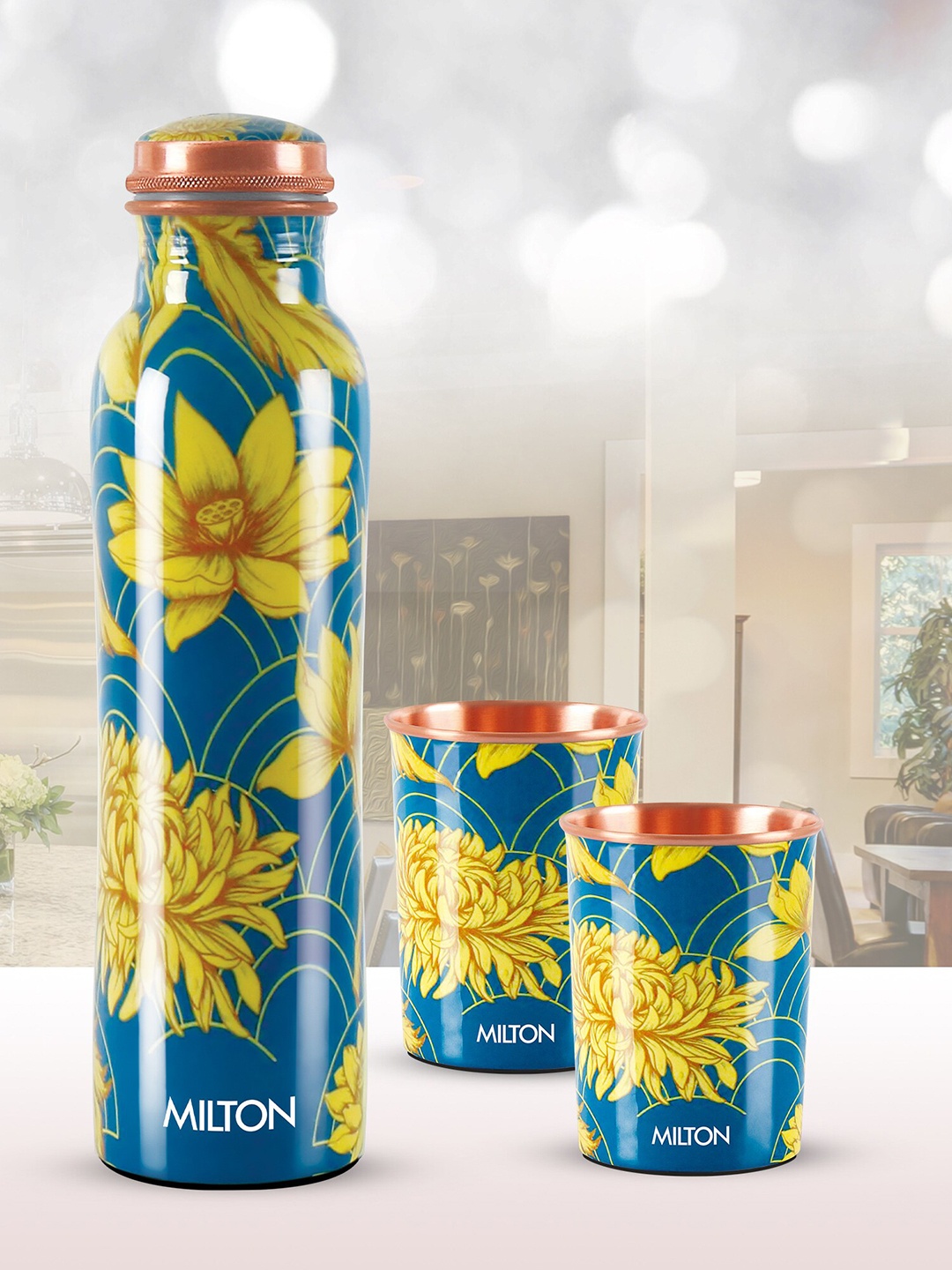 

Milton Flourish Copper Yellow Floral Water Bottle & 2 Tumblers 950 ml & 280 ml Each