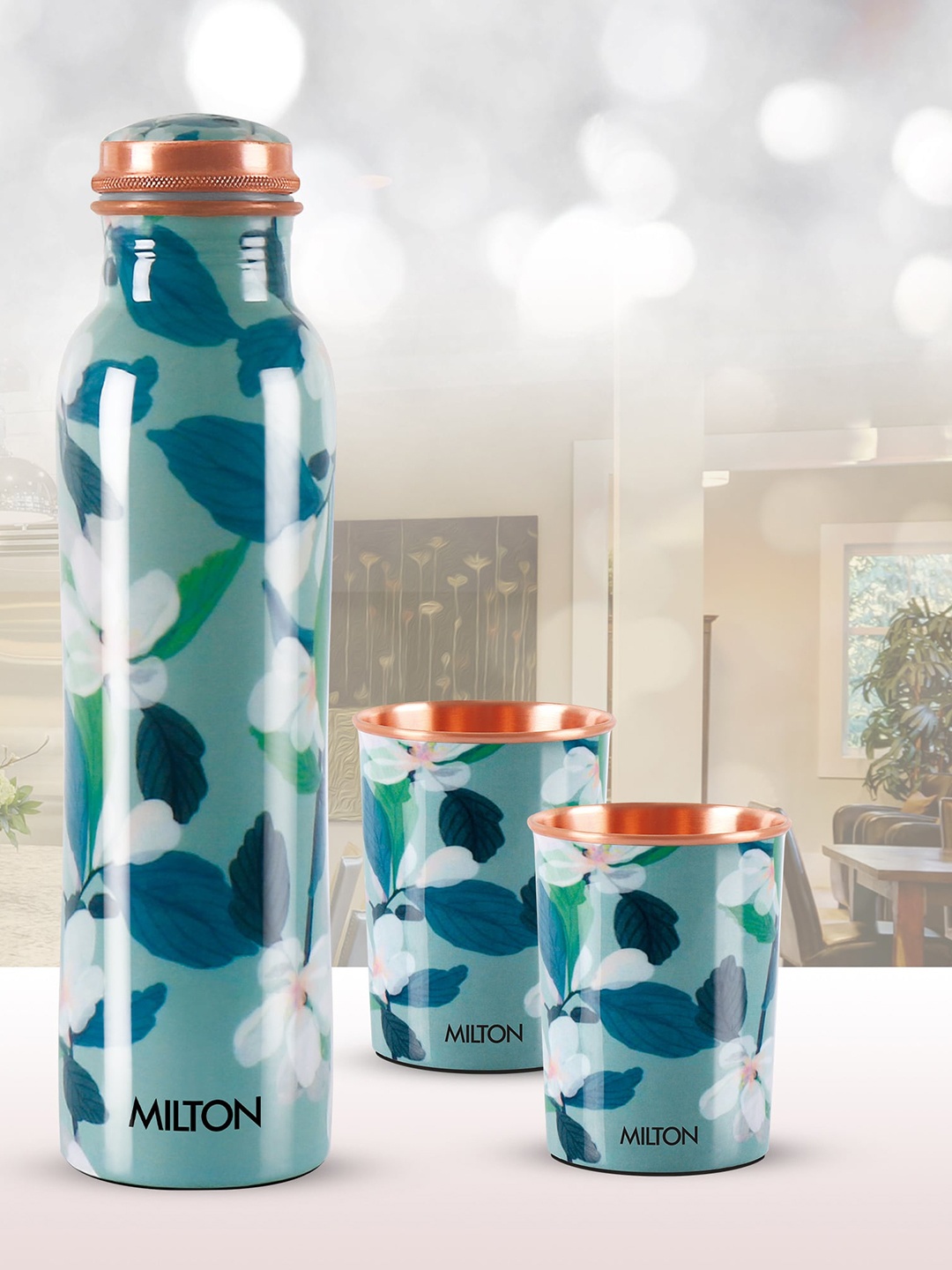 

Milton Lily Flourish Copper Printed 1 Bottle 950 ml and 2 Tumblers 280 ml Each, Turquoise blue