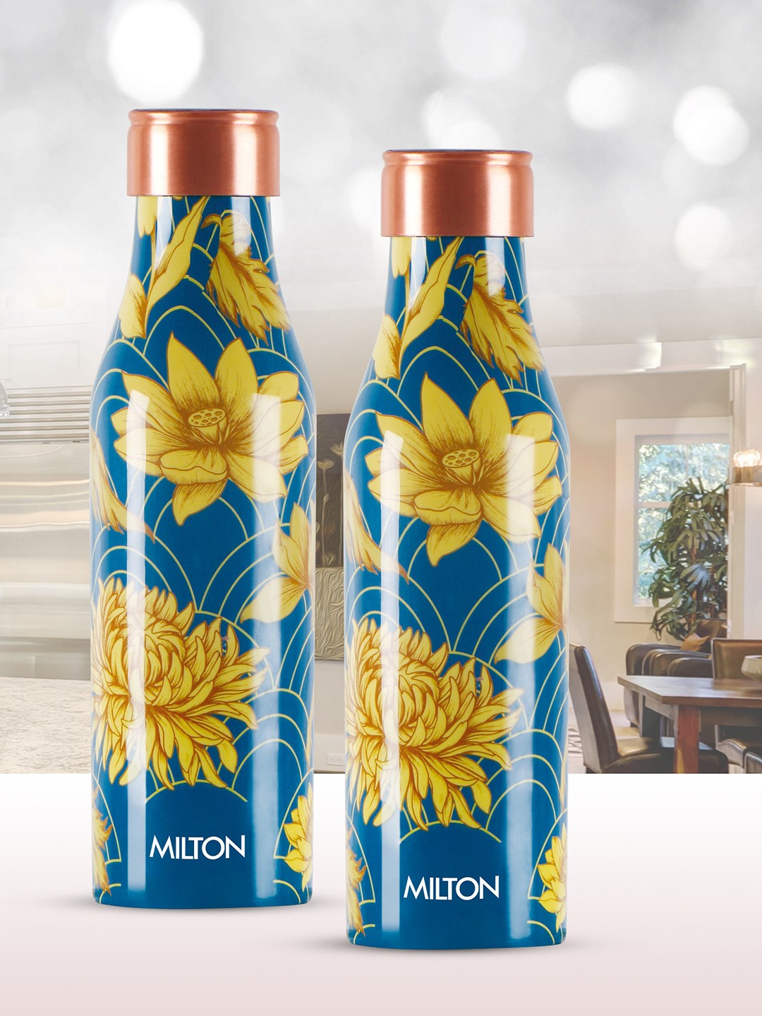 

Milton Floral Copper Set Of 2 Printed Water Bottles 930 ml Each, Yellow