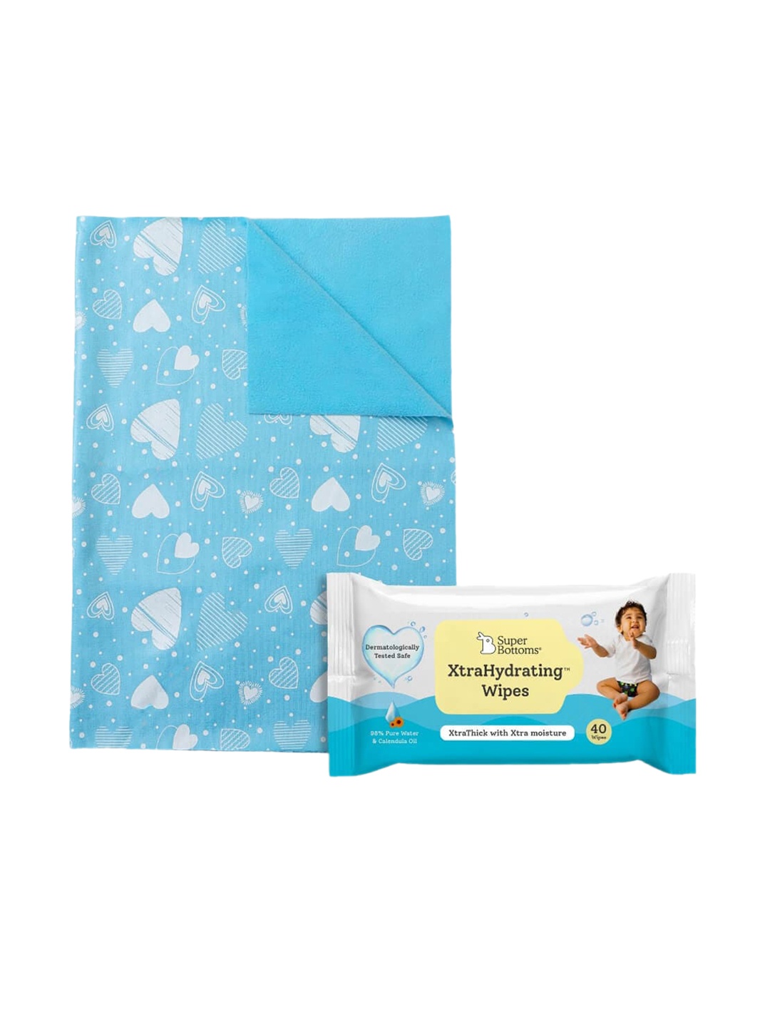 SuperBottoms Infants Set Of Quick Dry Mat & XtraHydrating Wipes, Blue