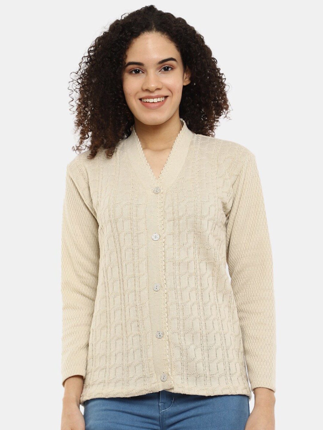 

V-Mart Women Self Design Acrylic Cardigan Sweatshirt, Beige