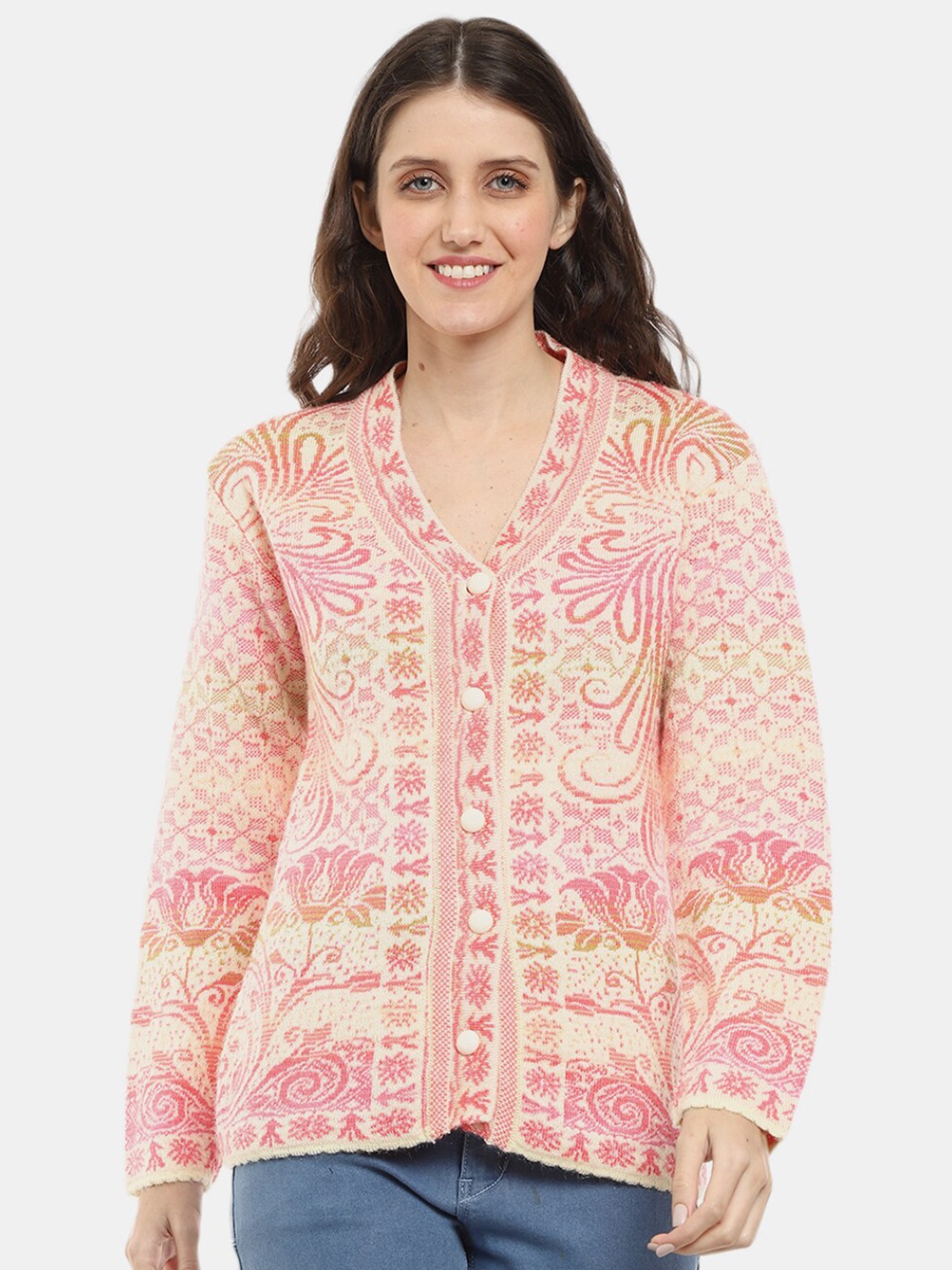 

V-Mart Women Floral Printed Cotton Cardigan, Beige