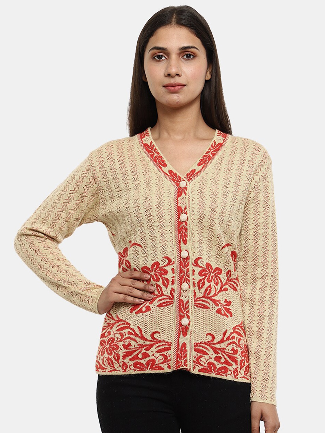 

V-Mart Women Floral Printed Cotton Cardigan, Beige
