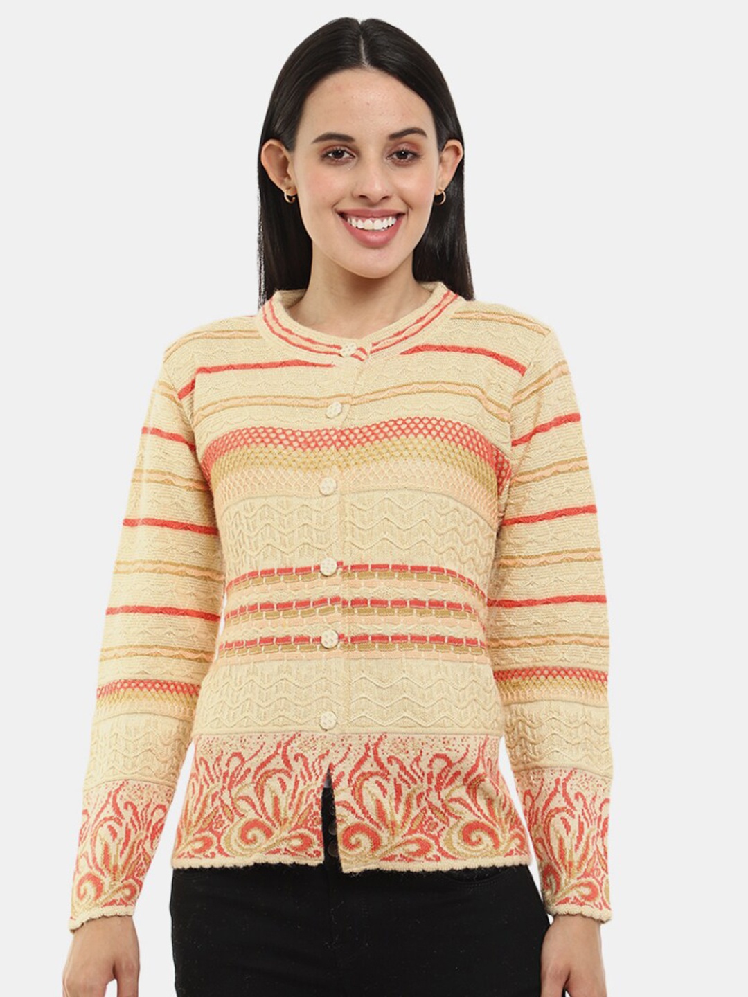 

V-Mart Women Striped Woolen Cardigan, Beige