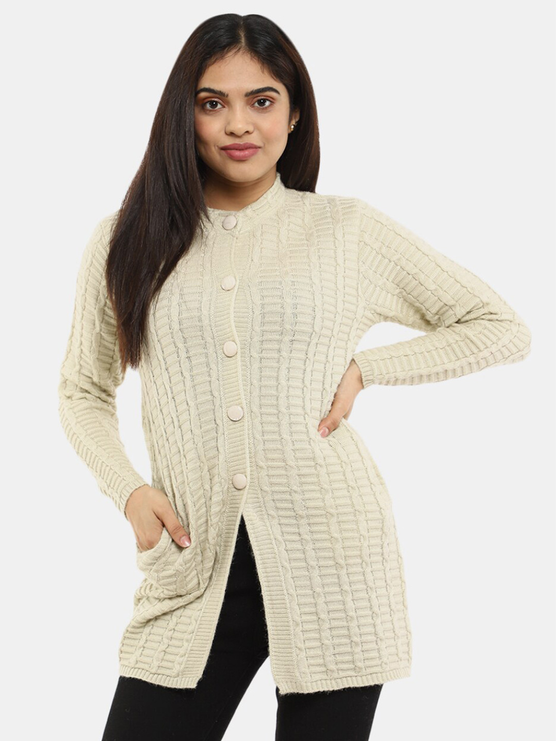 

V-Mart Women Cable Knit Longline Wool Cardigan, Beige