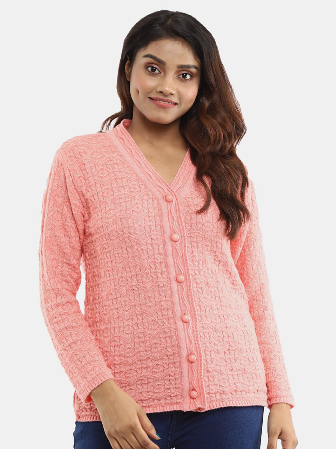

V-Mart Women V Neck Acrylic Cardigan, Peach