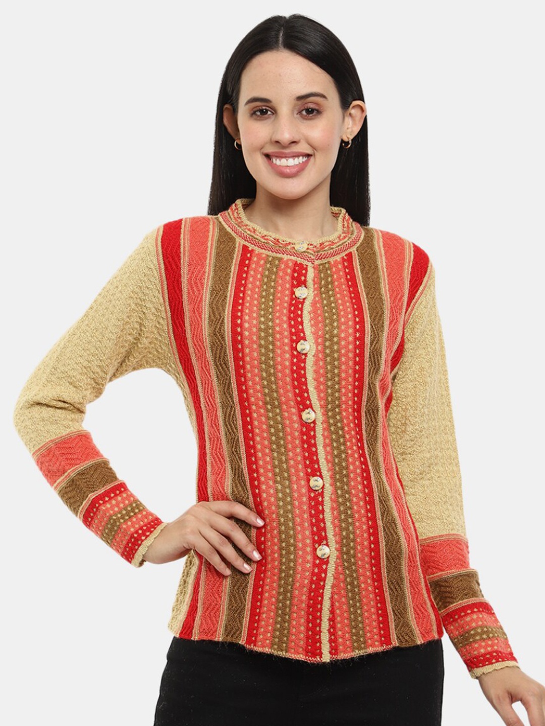 

V-Mart Women Striped Wool Cardigan, Brown