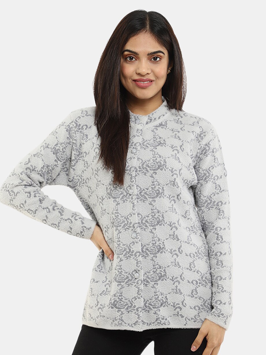 

V-Mart Women Self Design Wool Cardigan Sweatshirt, Grey