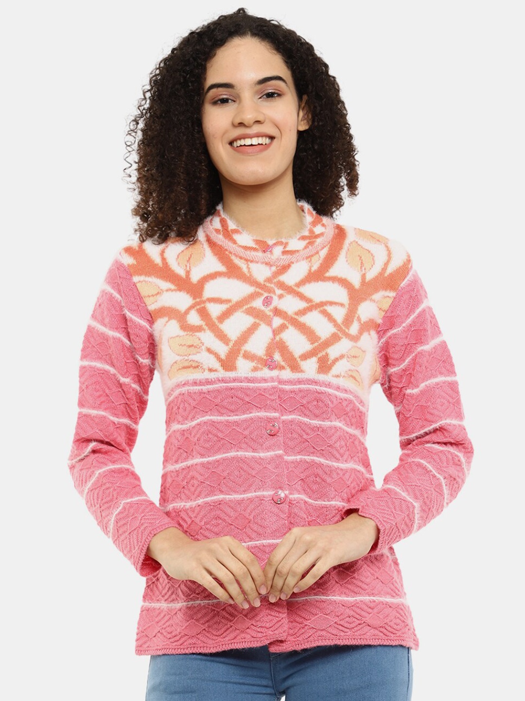 

V-Mart Women Striped Wool Cardigan, Pink