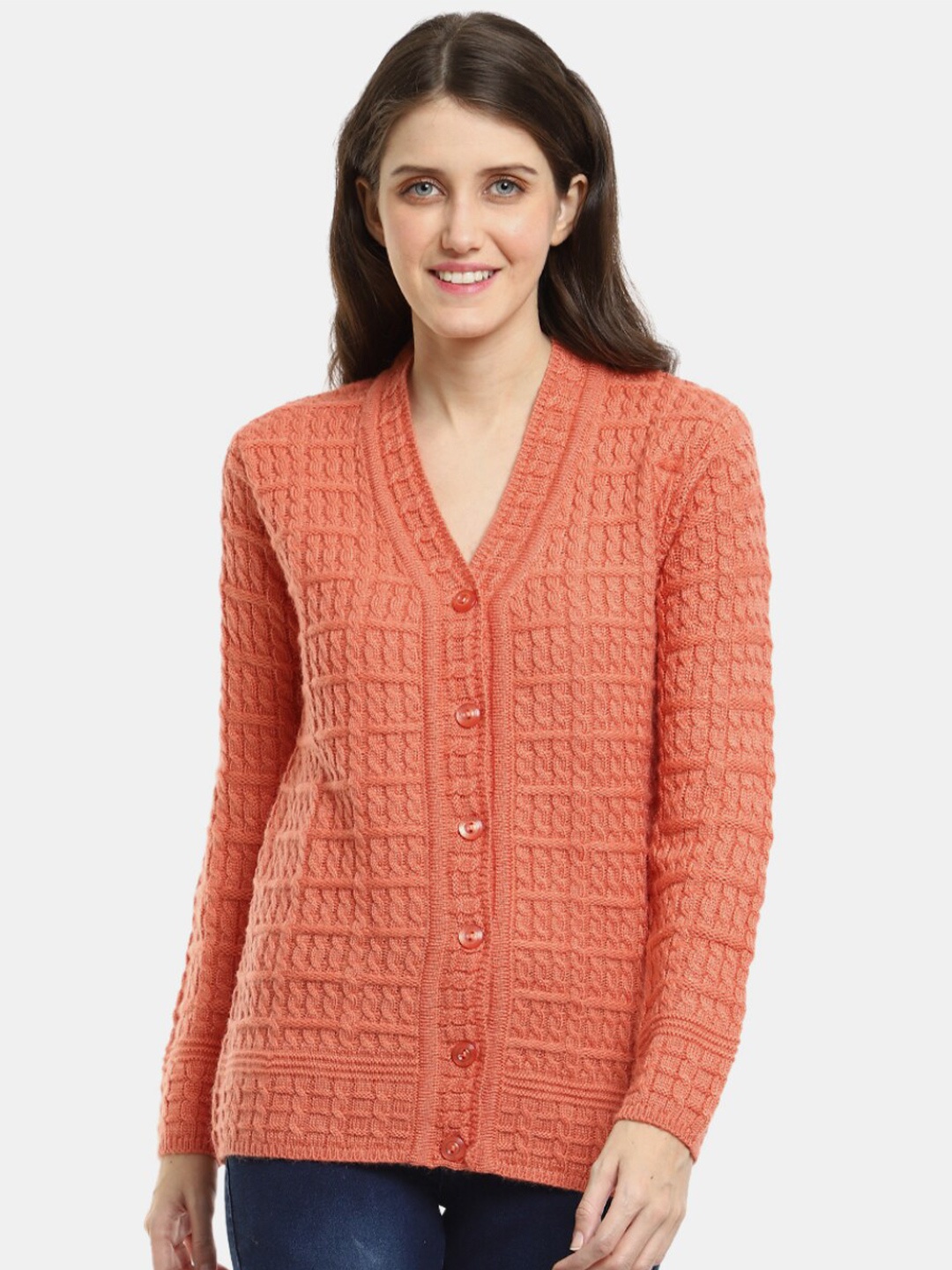 

V-Mart Women Self Design V Neck Wool Cardigan Sweatshirt, Peach