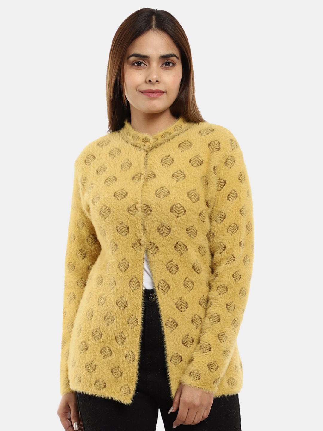 

V-Mart Women Floral Wool Cardigan, Mustard