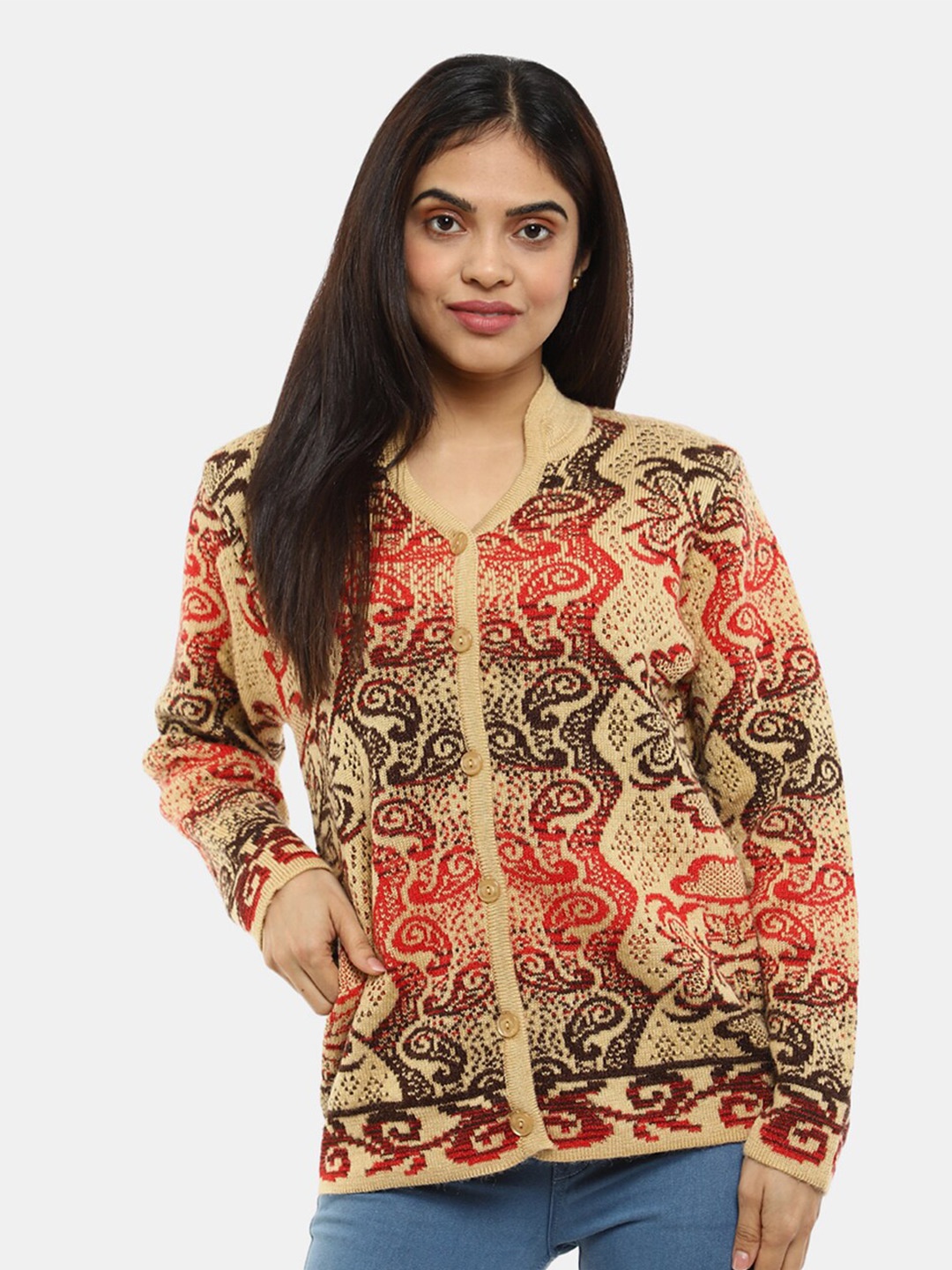 

V-Mart Women Ethnic Printed Mandarin Collar Cardigan, Khaki