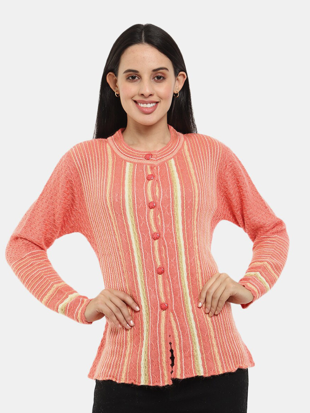 

V-Mart Women Striped Woolen Cardigan, Peach
