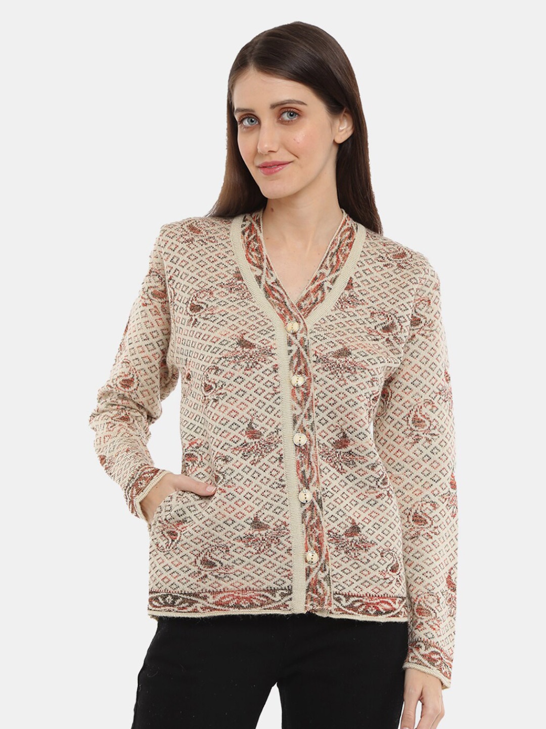 

V-Mart Women Printed Wool Cardigan Sweater, Beige