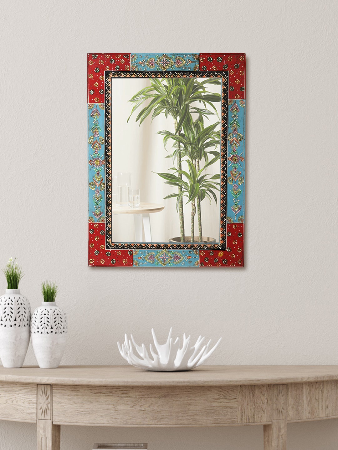 

Aapno Rajasthan Red & Blue Printed Framed Wall Mirrors