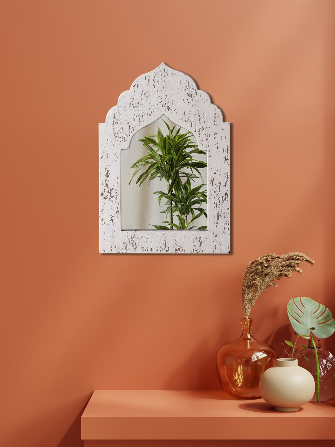 

Aapno Rajasthan White Textured Wooden Framed Wall Mirror