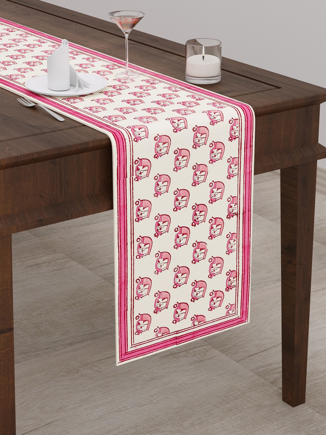 

BLOCKS OF INDIA Cream & Pink Block Printed Rectangular Table Runners