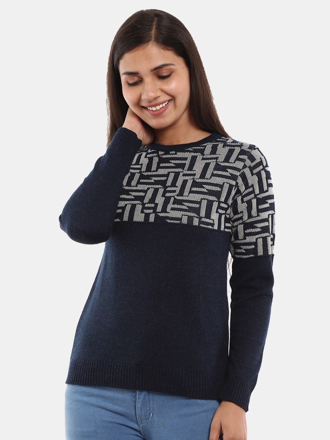 

V-Mart Women Printed Wool Pullover, Navy blue