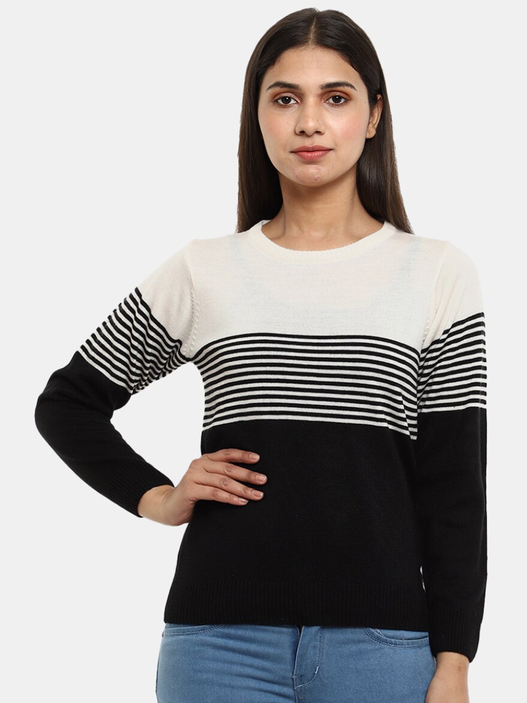 

V-Mart Women Colourblocked Acrylic Pullover Sweater, Off white