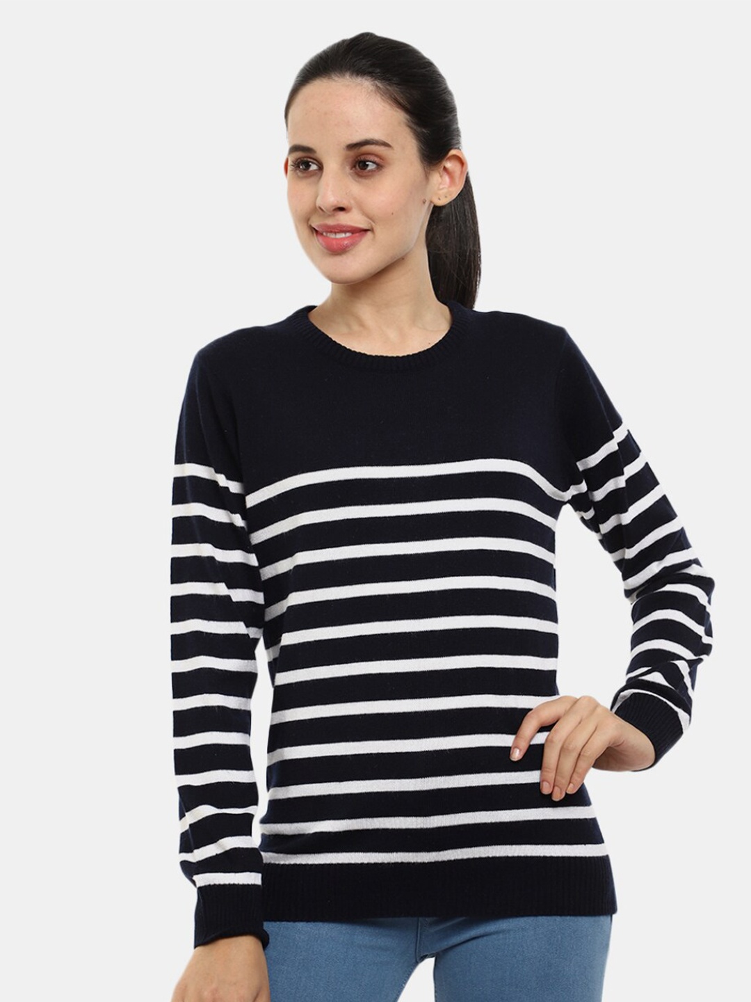 

V-Mart Women Striped Sweatshirt, Navy blue