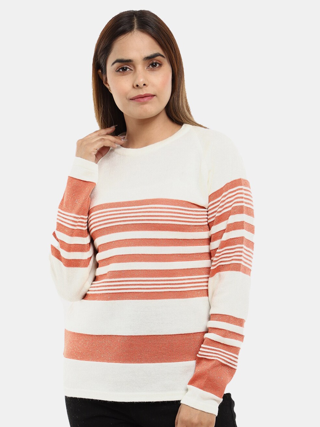 

V-Mart Women Wool Striped Sweatshirt, Off white