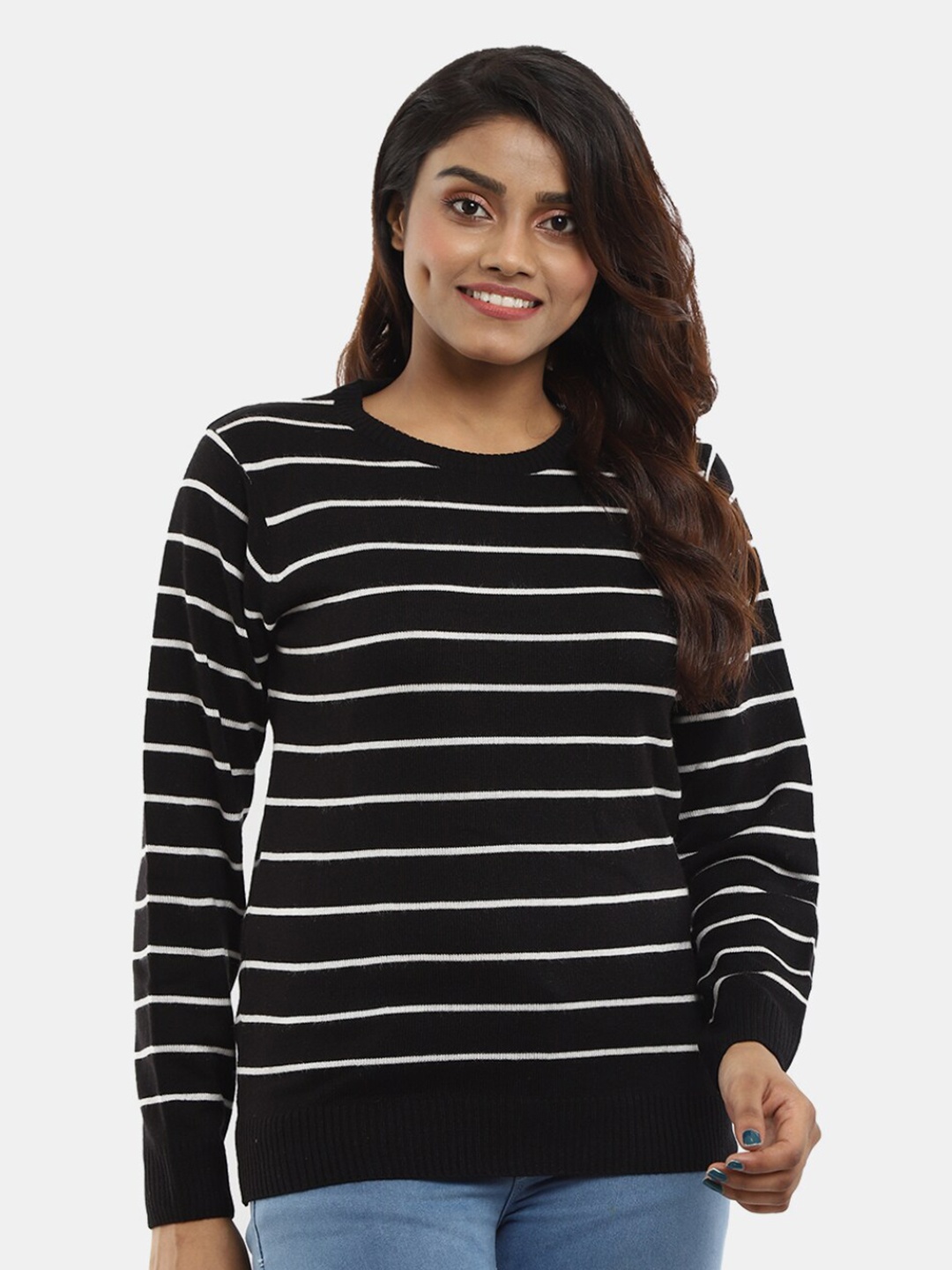 

V-Mart Women Striped Round Neck Woolen Cardigan, Black
