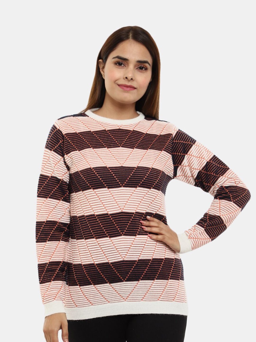 

V-Mart Women Wool Striped Sweatshirt, Off white