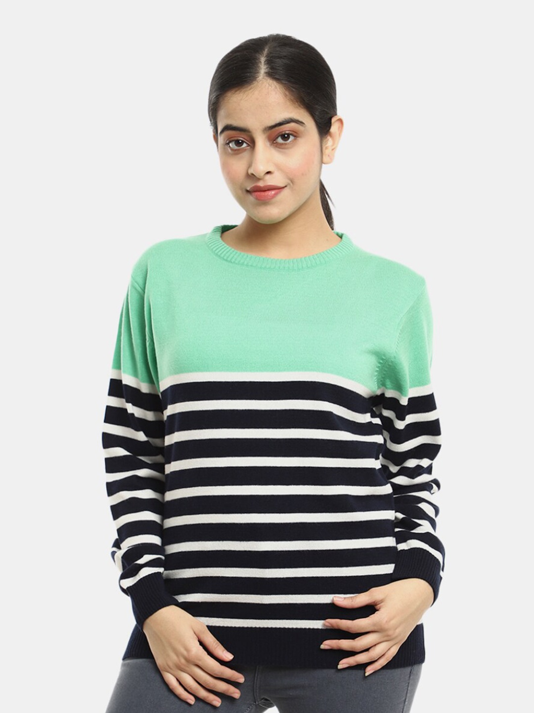 

V-Mart Women Striped Acrylic Sweatshirt, Green