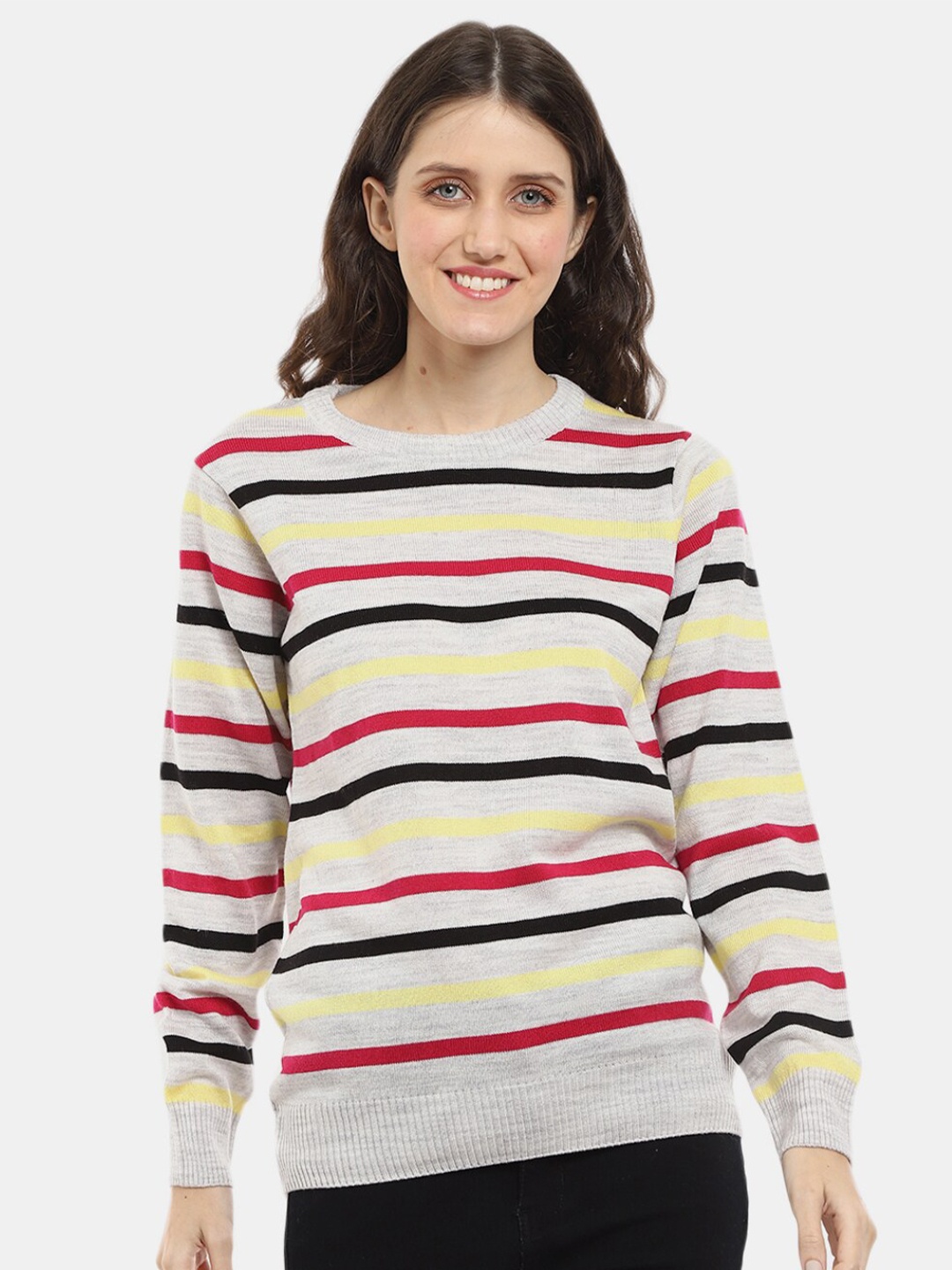 

V-Mart Women Striped Acrylic Sweatshirt, Grey