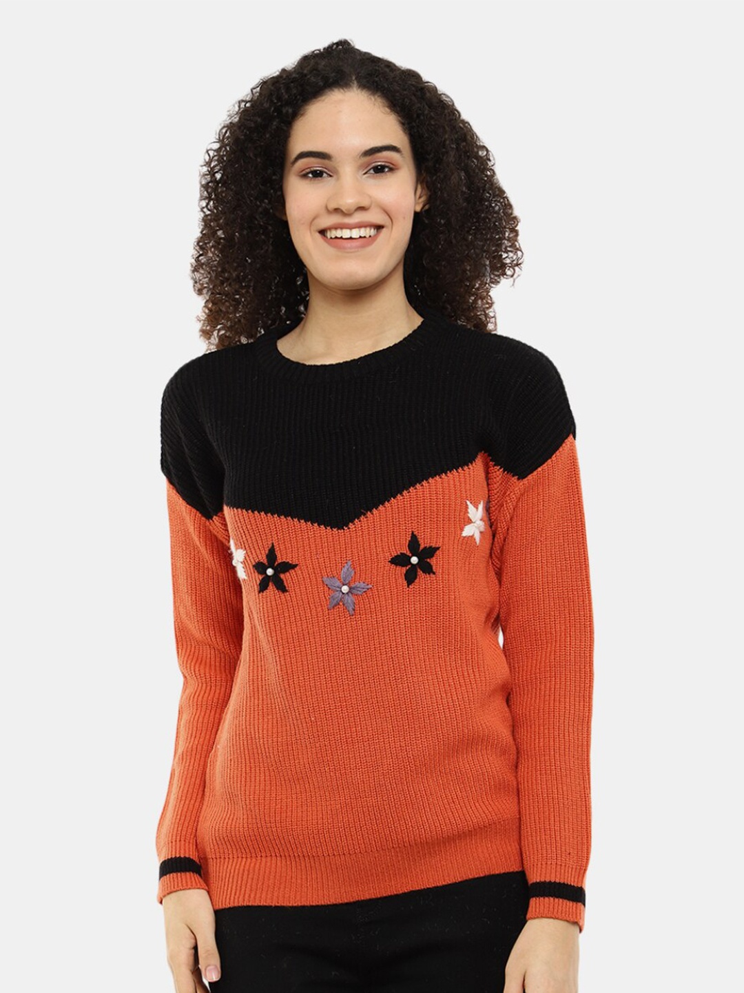 

V-Mart Women Colourblocked Acrylic Pullover Sweater, Orange