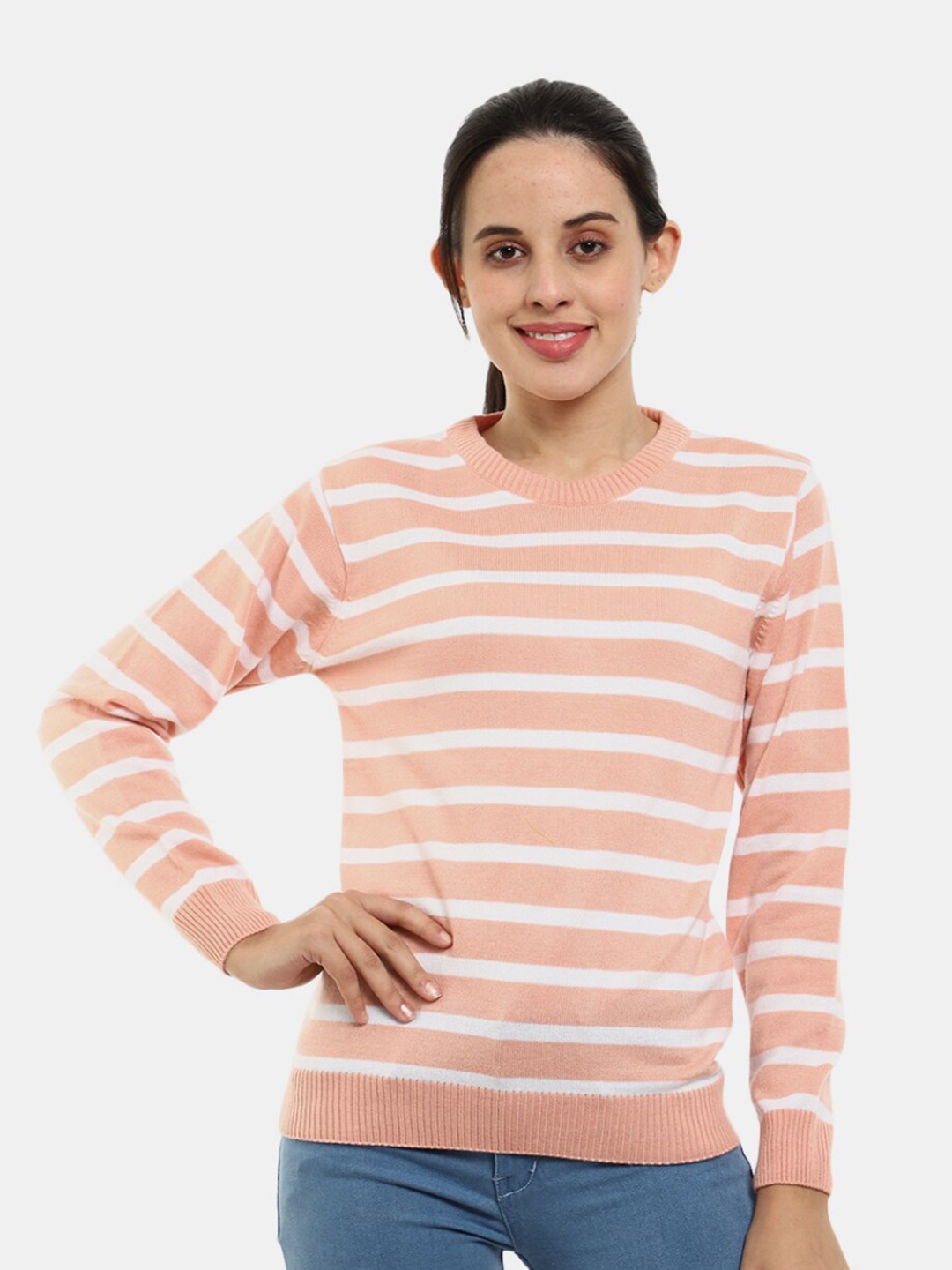 

V-Mart Women Striped Acrylic Sweatshirt, Peach