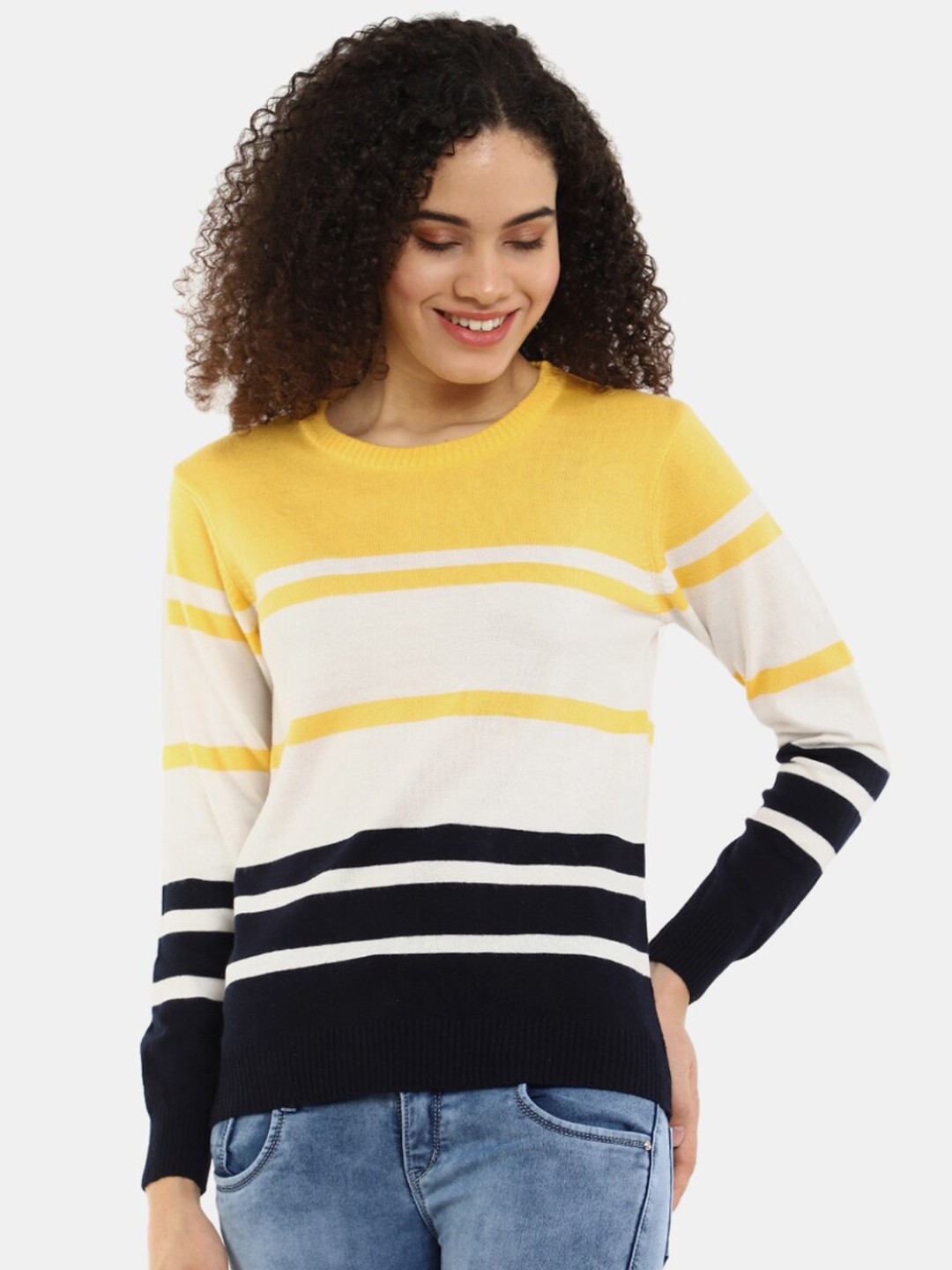

V-Mart Women Striped Round Neck Woolen Cardigan, Mustard