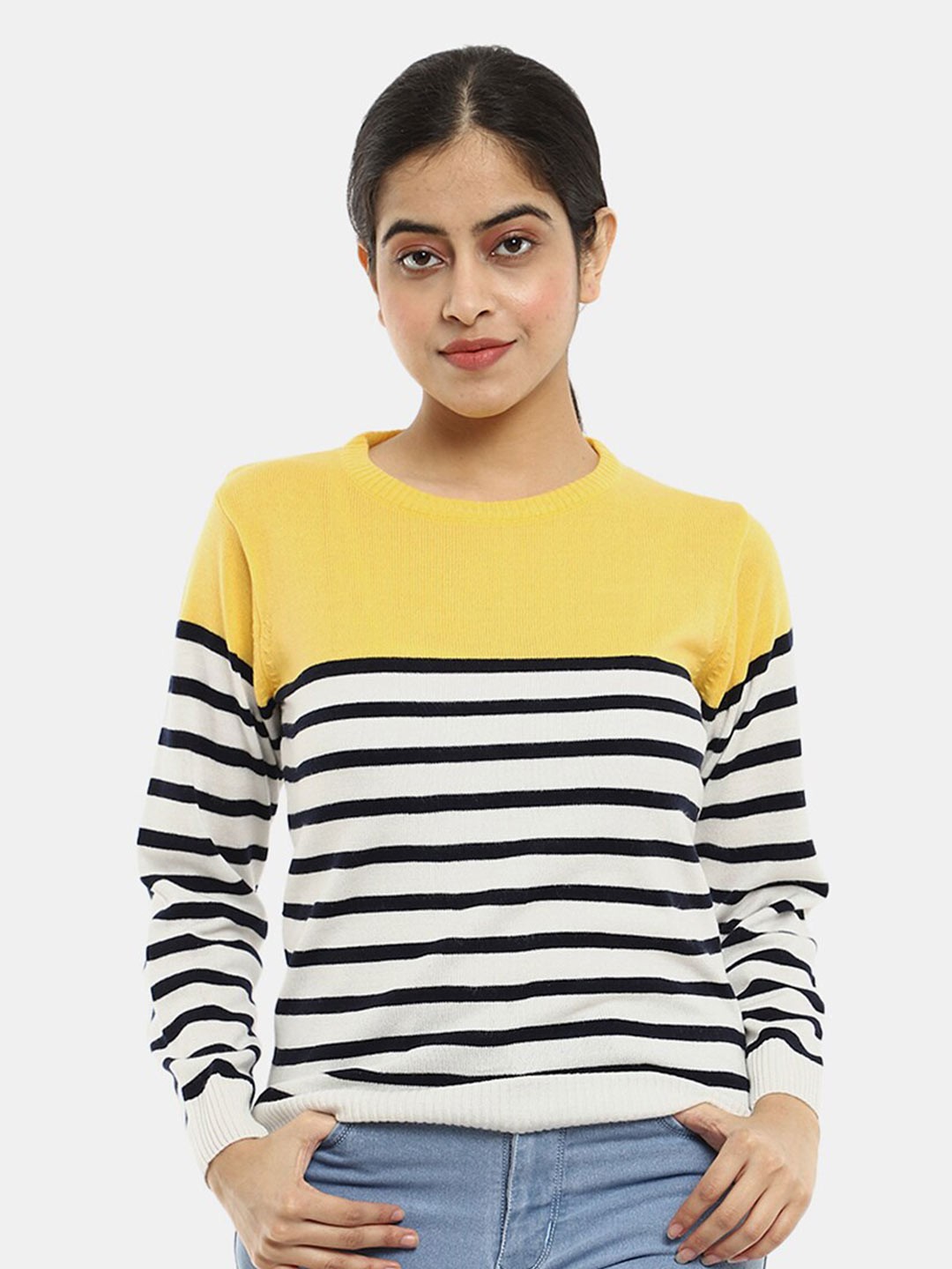 

V-Mart Women Striped Acrylic Round Neck Sweatshirt, Yellow