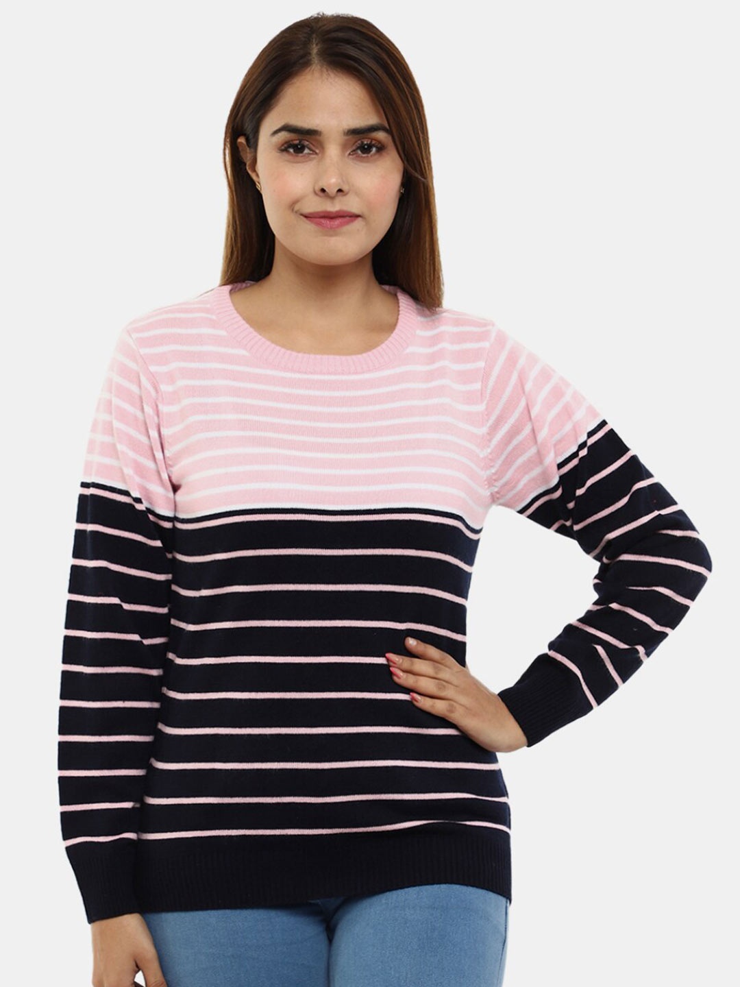 

V-Mart Women Pink Striped Sweatshirt