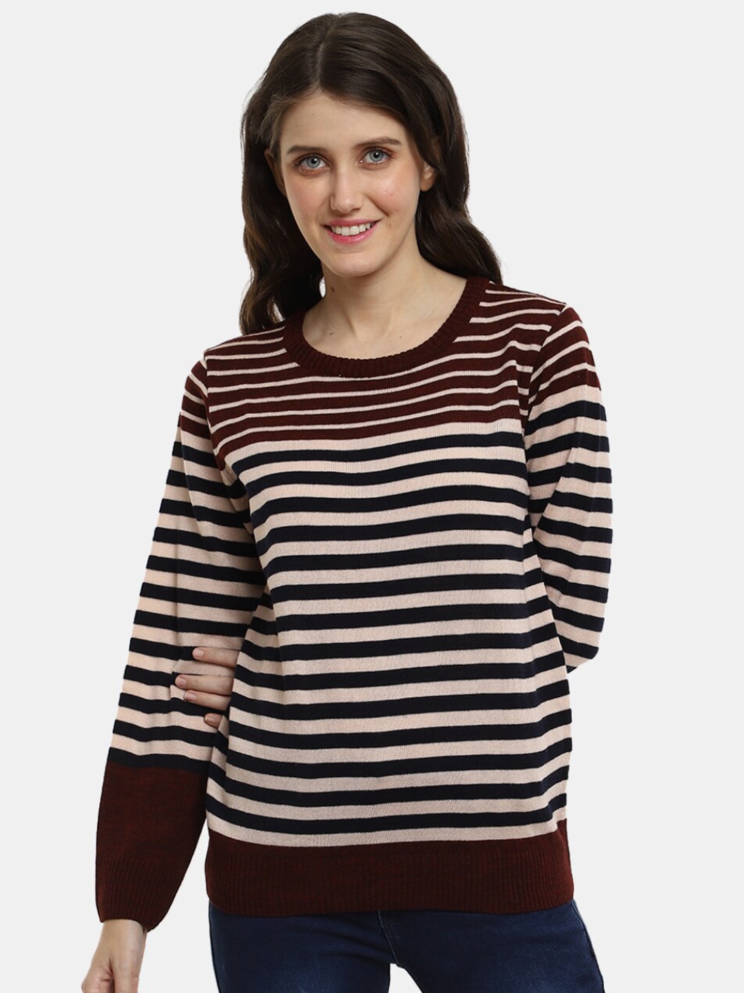 

V-Mart Women Striped Striped Pullover, Maroon