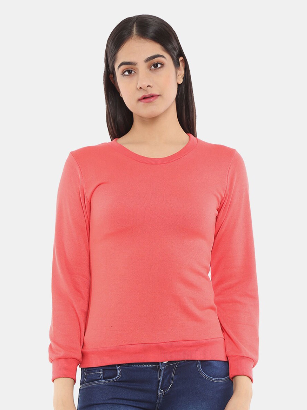 

V-Mart Women Solid Fleece Round Neck Sweatshirt, Coral