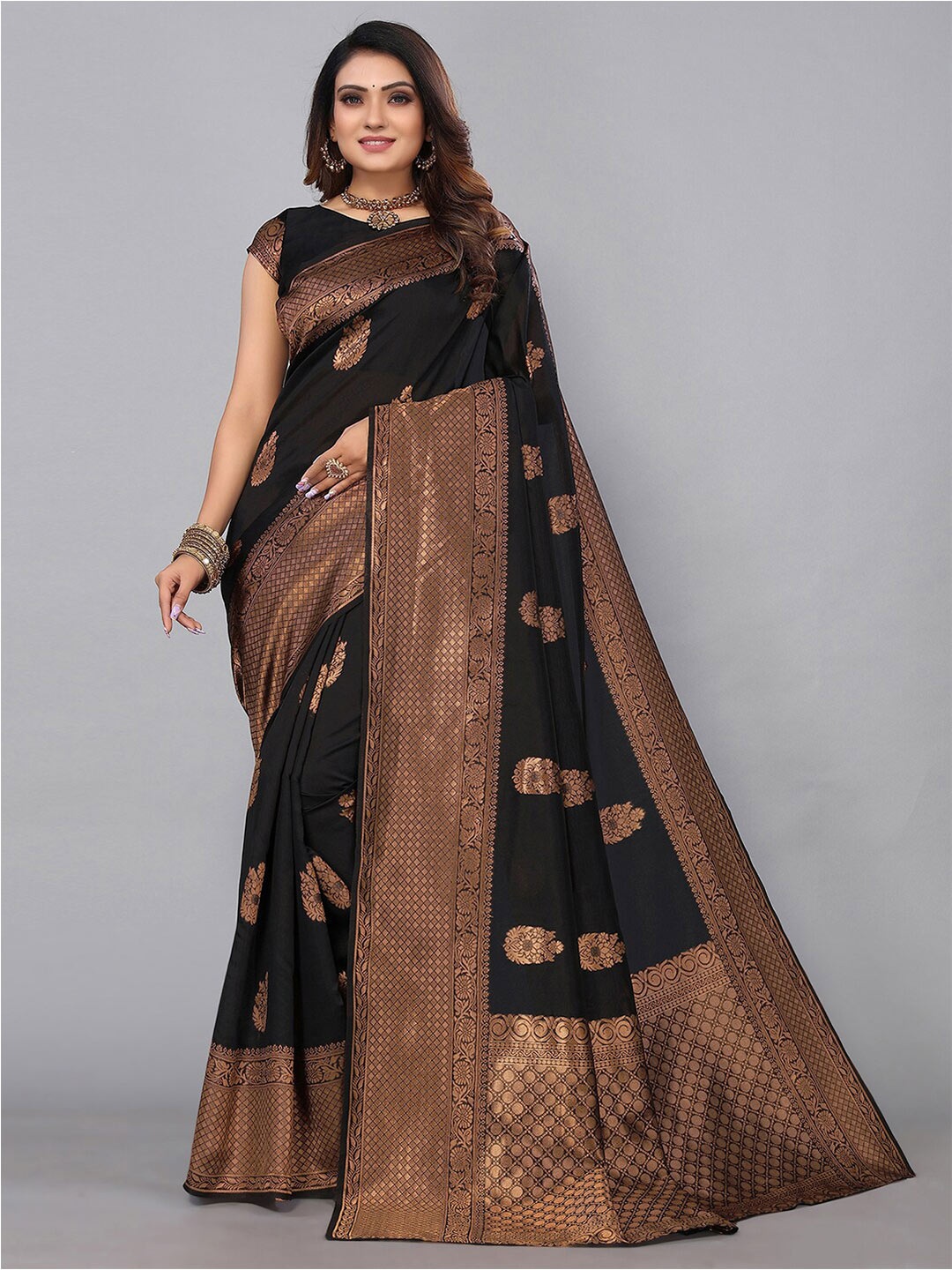 

KALINI Ethnic Motifs Zari Banarasi Saree, Black