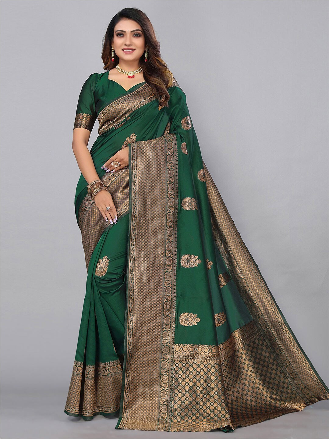 

KALINI Ethnic Motifs Zari Banarasi Saree, Green