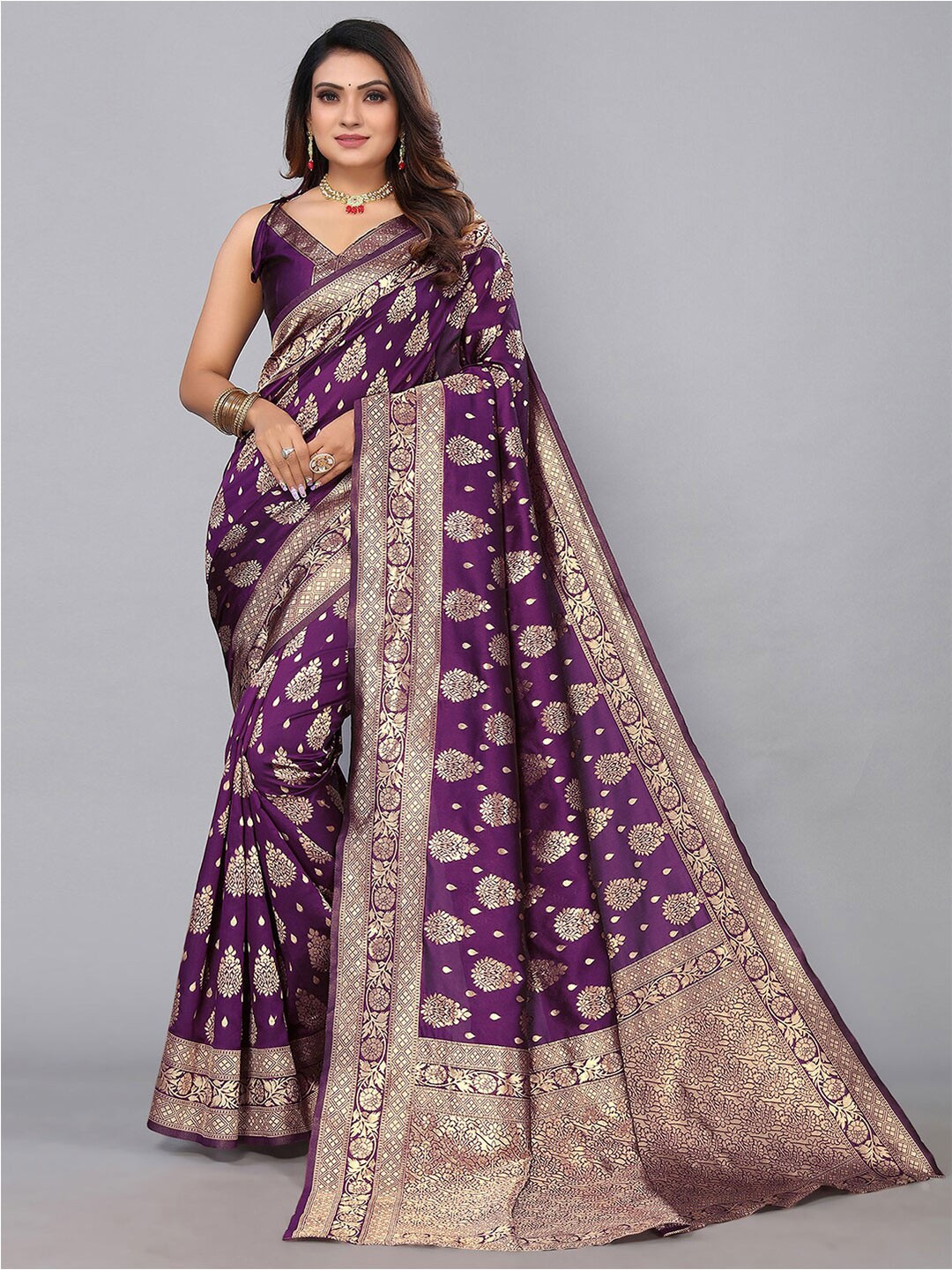 

KALINI Ethnic Motifs Zari Banarasi Saree, Purple